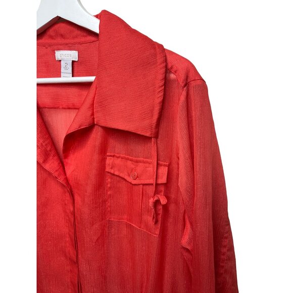 Chicos Sheer Utility Jacket Large Orange Lightweight Button Up - Picture 5 of 12